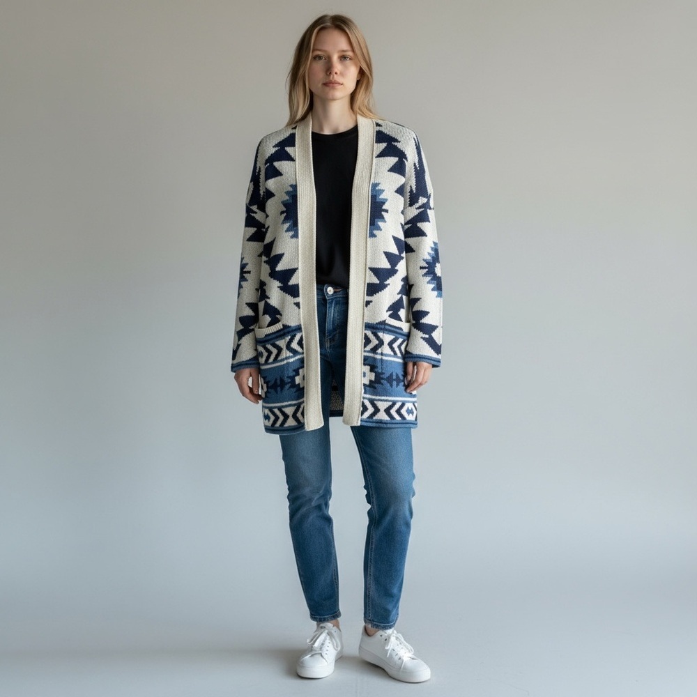 Lucky Brand Navy and Cream Western Patterned Cardigan